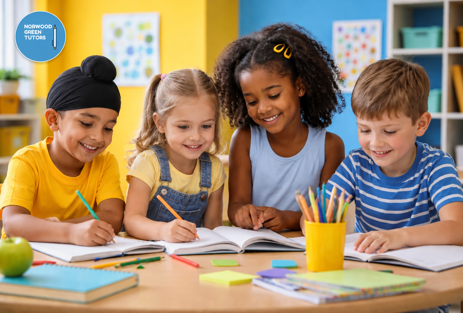 Children learning together with books and writing materials